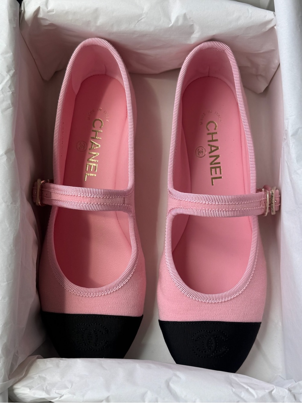CHANEL Pink and Black Mary Jane Ballet Flats with Signature Toe Cap